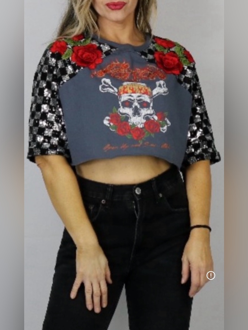 STUNNING Upscaled Poisson rock band Skull & Rose Cropped Graphic Tee -